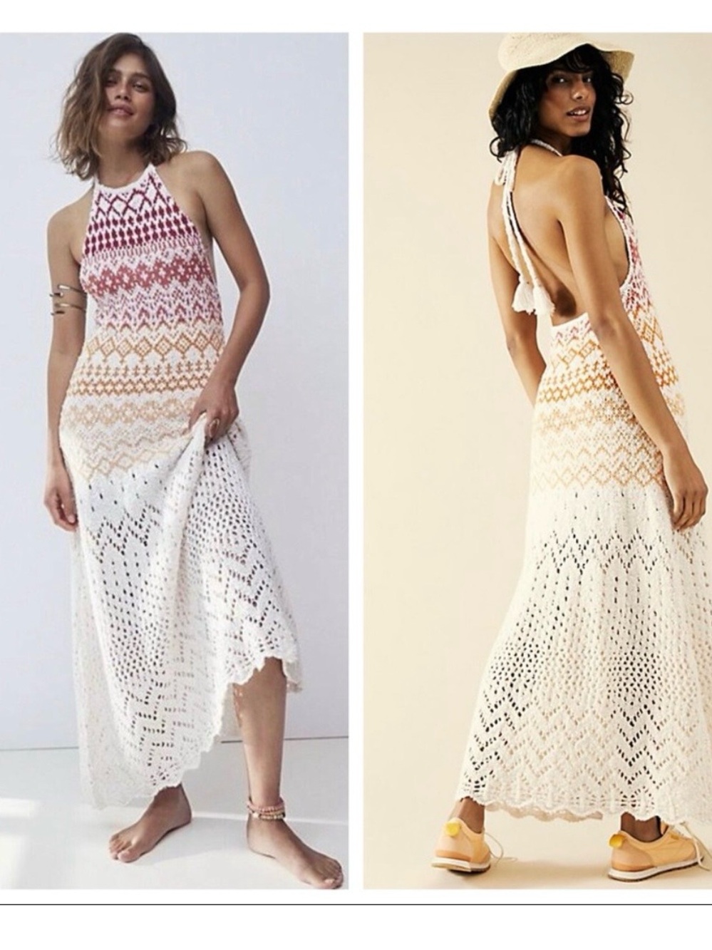 Free People Crochet Halter Maxi Dress in White, Orange & Pink - Picture 2 of 6